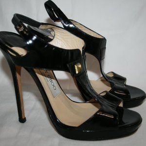 Jimmy Choo Black Patent Leather Ankle Strap Pumps Open Toe Heels  Size 36/6